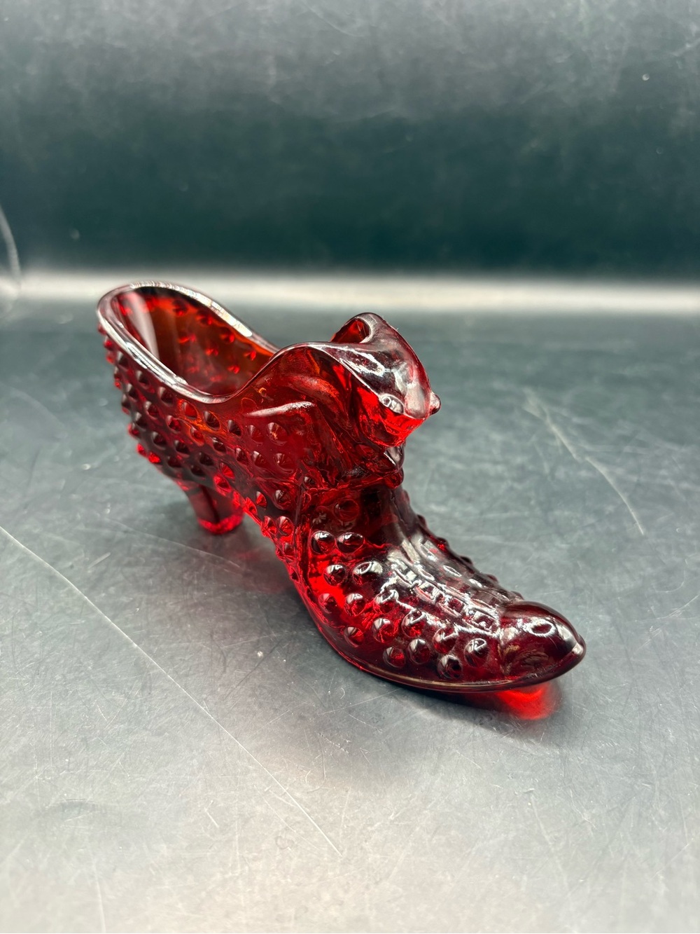 Red Fenton Cat Head Glass Hobnail Shoe -Glows